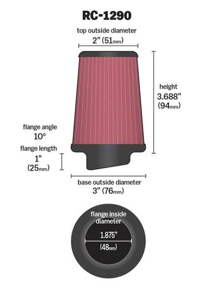 K&N Universal Clamp-On Air Filter 1-7/8in 10 Degrees FLG / 3in B / 2in T / 3-11/16in H